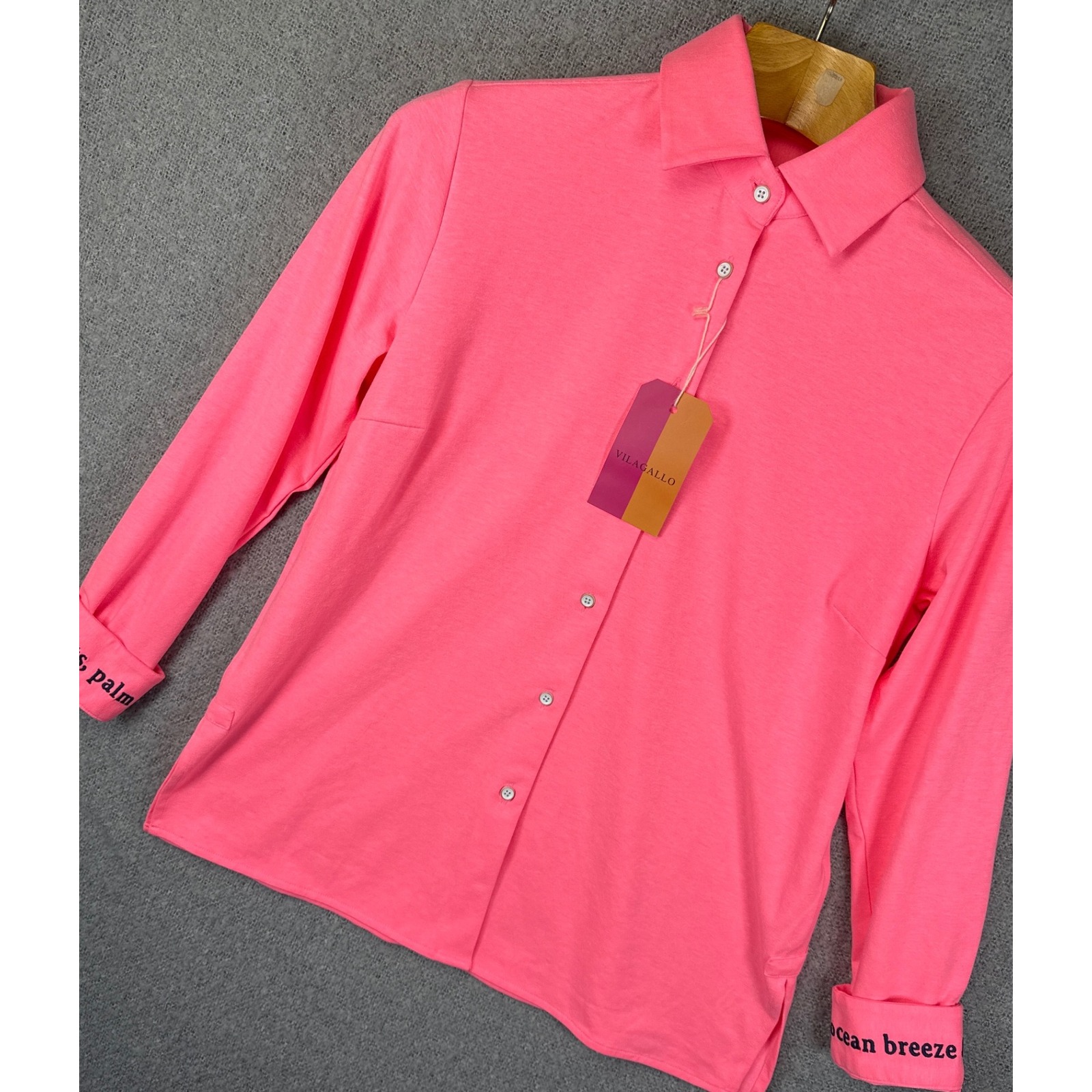 Nwt Vila Gallo Neon Pink Knit Button Down Shirt Embroidered Cuffs Size 38 Us 6